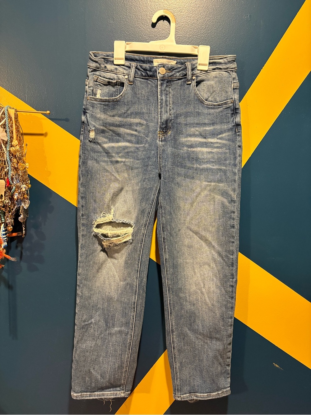 Risen Jeans Medium Wash High Rise Straight Leg Distressed Jeans EUC